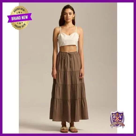 Maxi Skirt with Lining Elastic Waist Drawstring Tiered A-Line Flowy - Picture 3 of 8